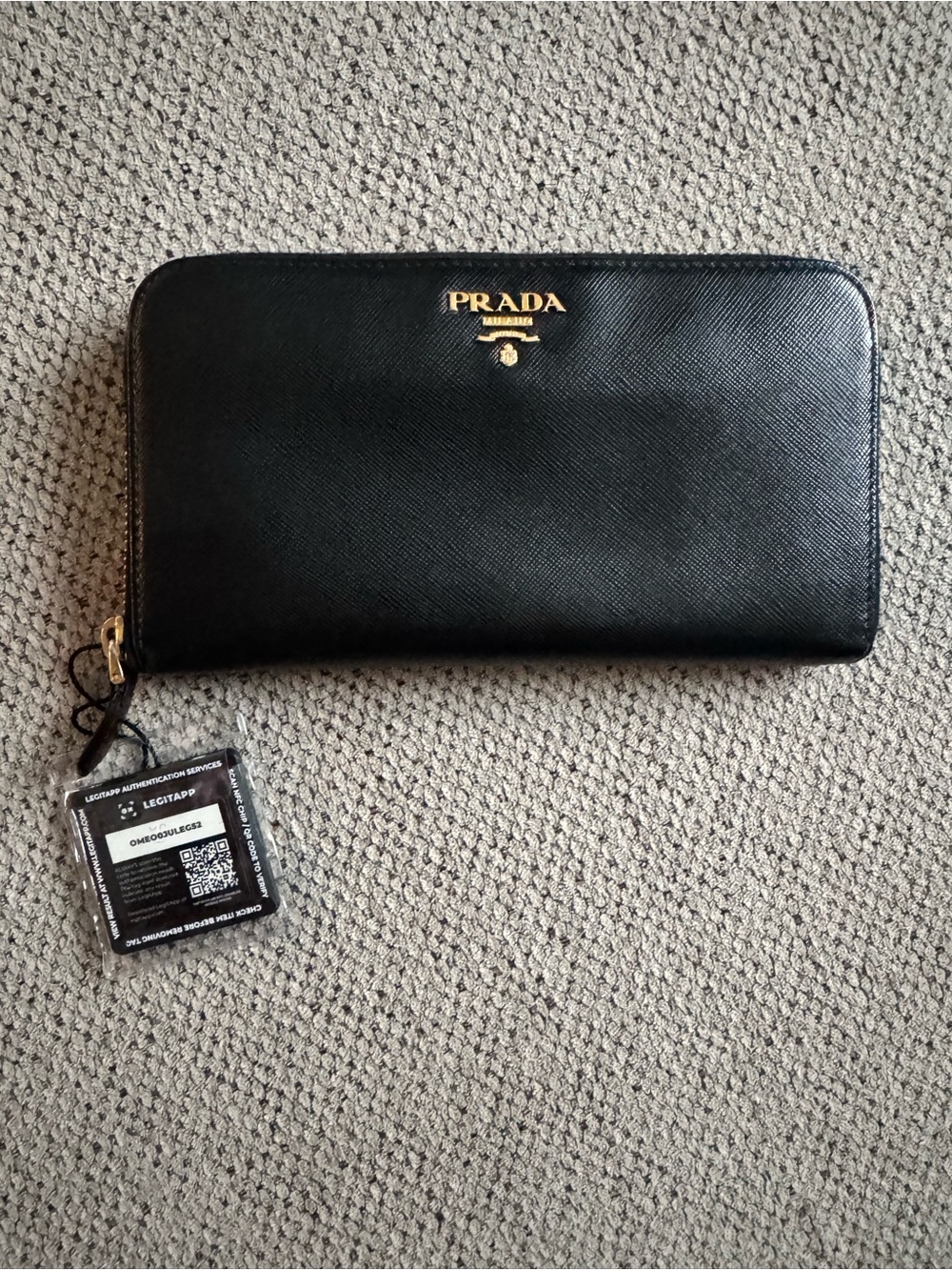 Prada Black Saffiano Leather Zip Wallet with Gold Logo